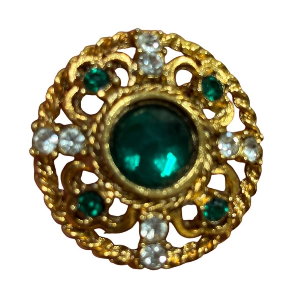 Vintage mid century brooch ornate goldtone round green & white rhinestones pin